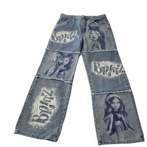 Dolls Kill x Bratz Picture Perfect Graphic Denim Jeans Straight Leg Rhinestone
